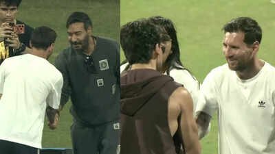 Ajay Devgn with son Yug Devgn and Tiger Shroff meet football legend Lionel Messi at Mumbai’s Wankhede Stadium, after Kareena Kapoor Khan and her children Taimur, Jeh – PICS inside | Hindi Movie News