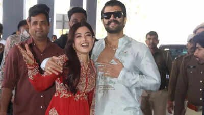 Newlyweds Rashmika Mandanna, Vijay Deverakonda make first appearance for the paps at Udaipur airport, throw flying kisses: WATCH VIDEO | Hindi Movie News