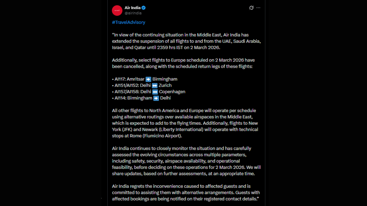 Air India extends West Asia flight suspension for March 2; IndiGo announces flight curbs — full list of cancelled flights |