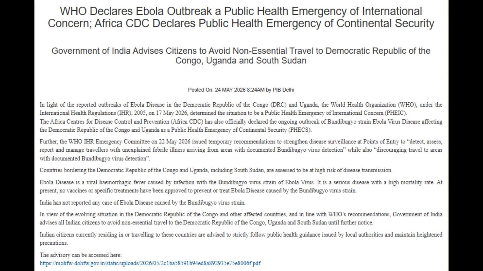 Ebola Outbreak: India Issues Urgent Travel Advisory for Travelers | India News