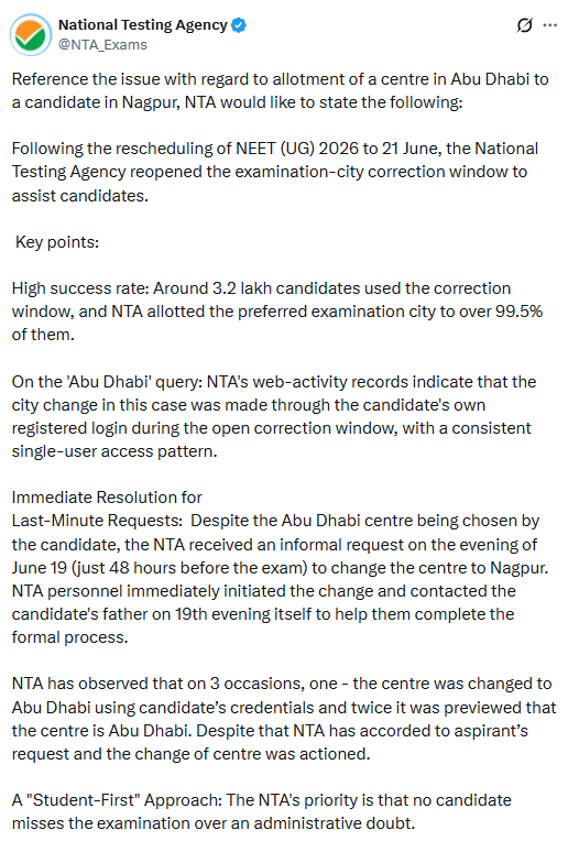 NEET centre mix-up: NTA says Nasik candidate himself selected Abu Dhabi option | India News